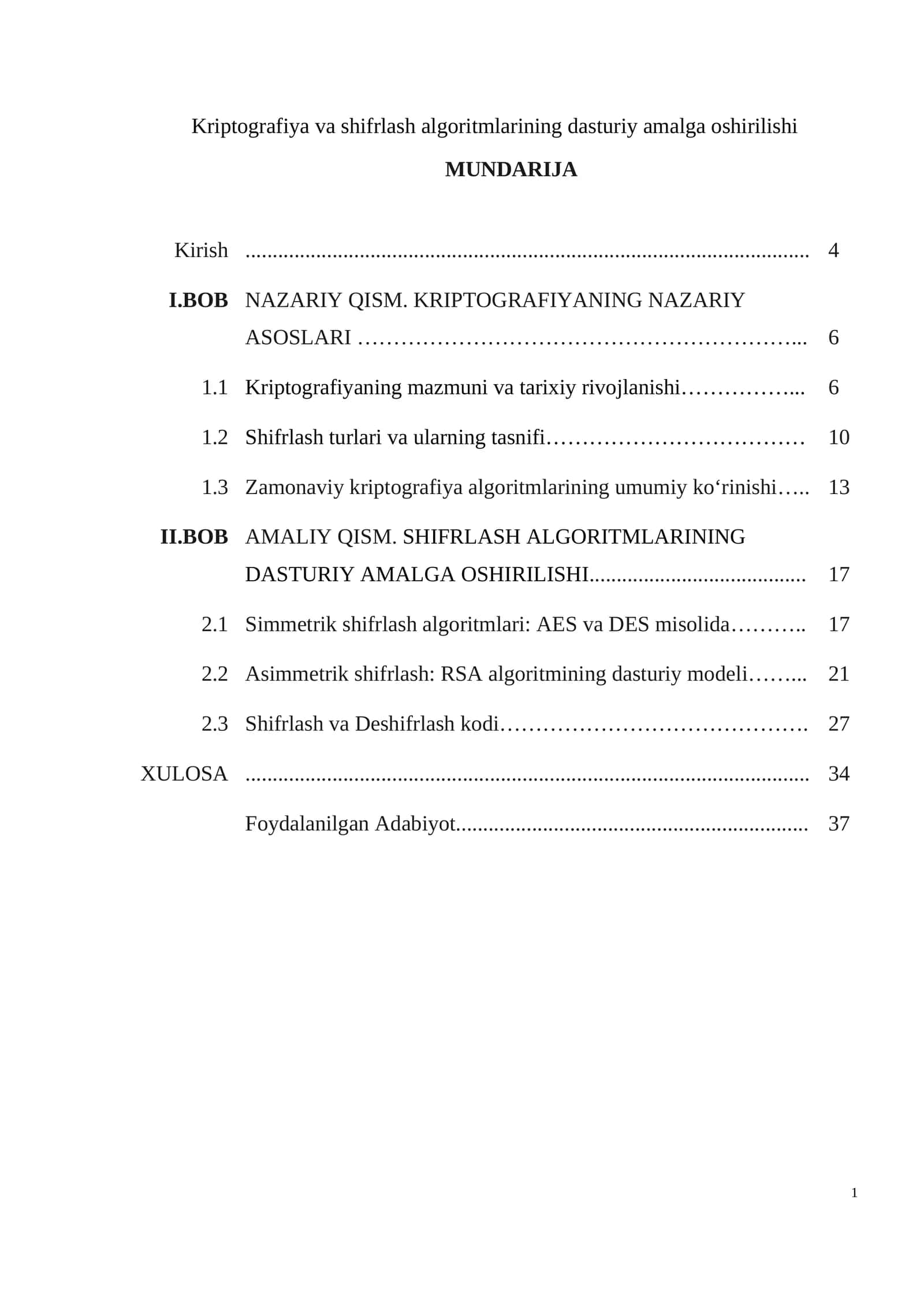 Kriptografiya va shifrlash algoritmlarining dasturiy amalga oshirilishi 1