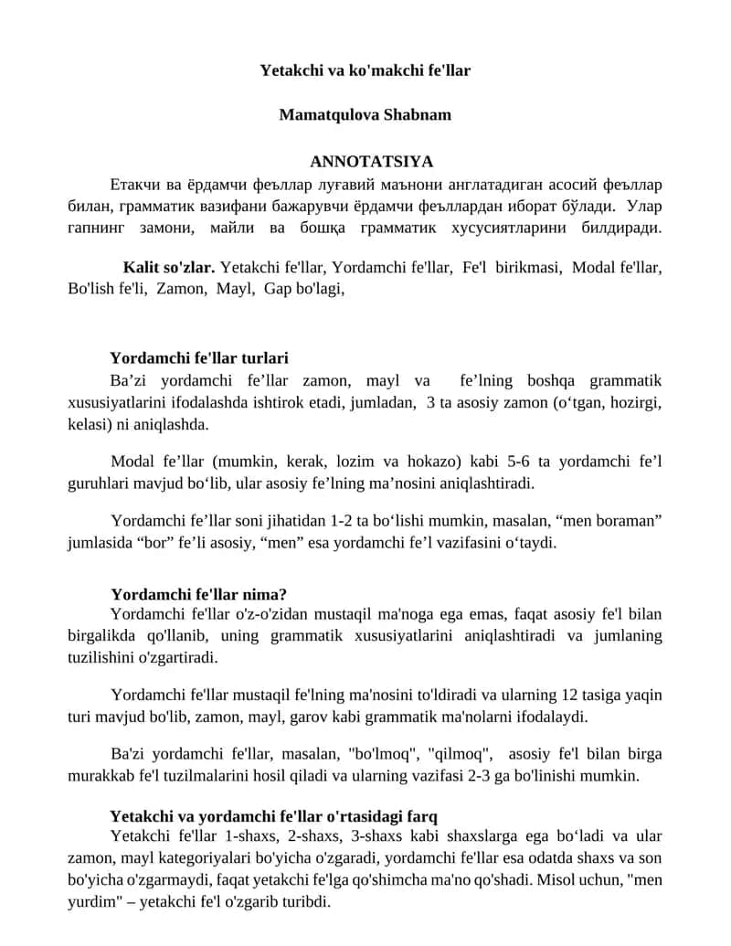 Yetakchi va ko'makchi fe'llar 1