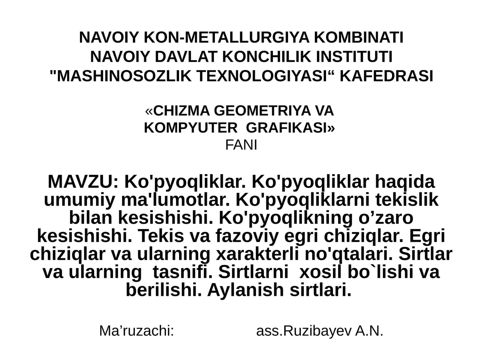 «CHIZMA GEOMETRIYA VA KOMPYUTERGRAFIKASI» FANI 1