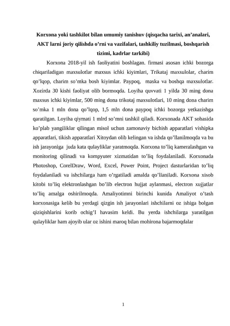 Xususiy korxona amaliyot hisobot