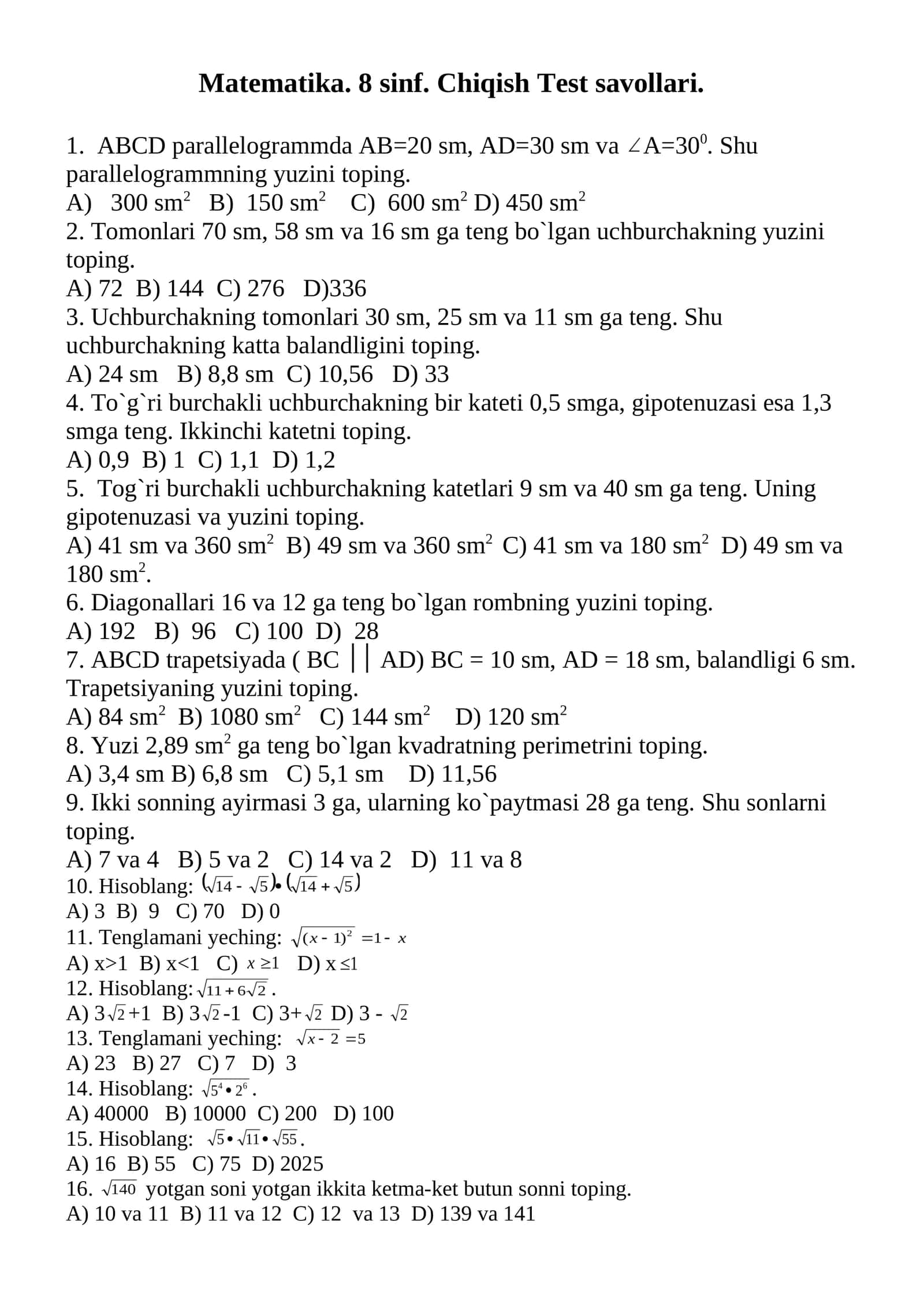 Matematika. 8 sinf.  Test savollari 1