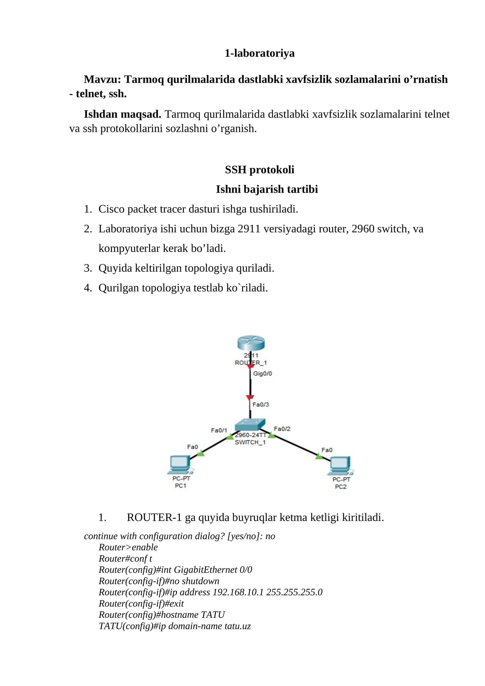 Tarmoq qurilmalarida dastlabki xavfsizlik sozlamalarini o’rnatish - telnet, ssh 1