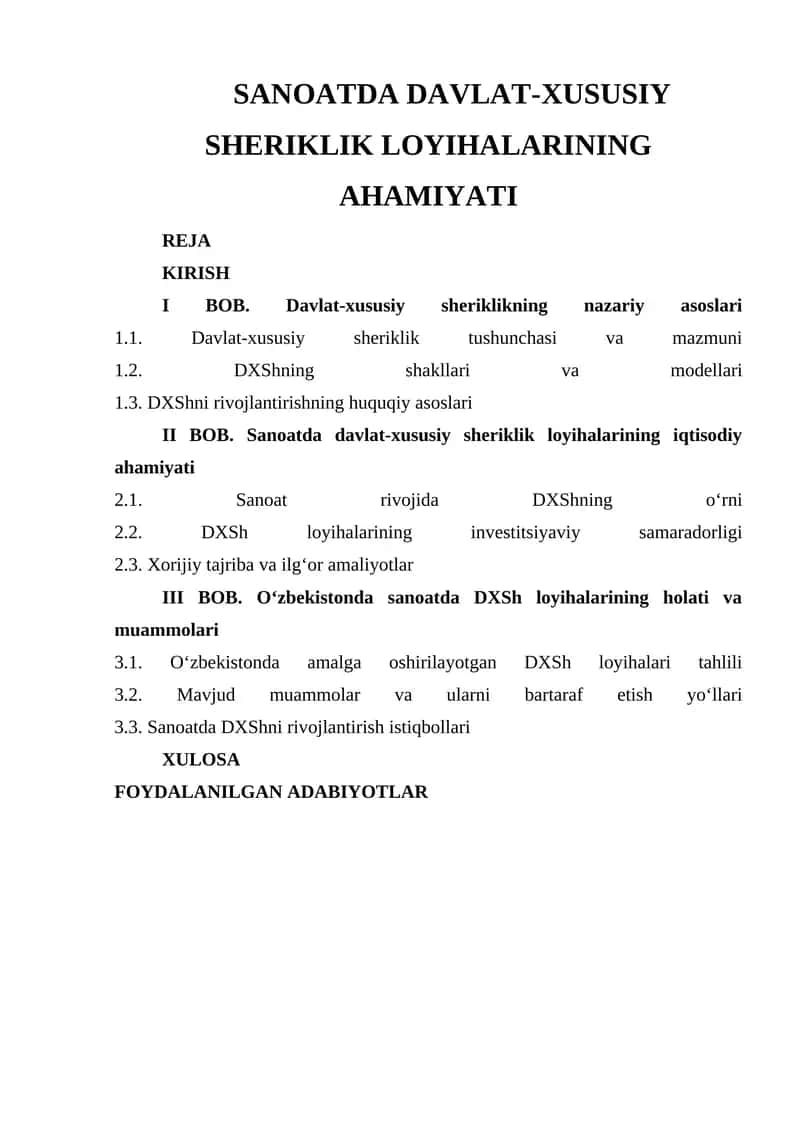 SANOATDA DAVLAT-XUSUSIY SHERIKLIK LOYIHALARINING AHAMIYATI 1