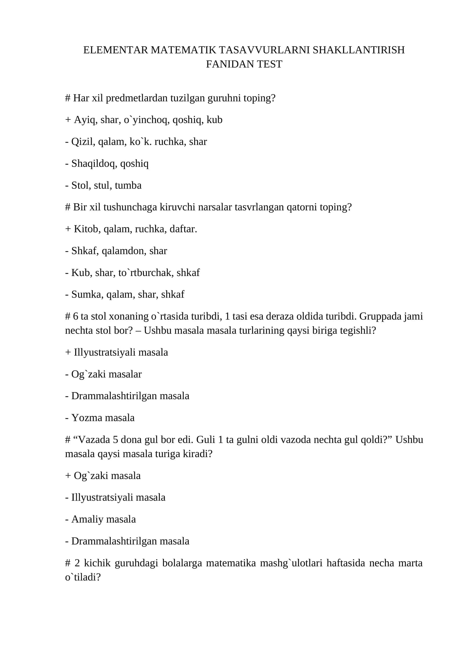 ELEMENTAR MATEMATIK TASAVVURLARNI SHAKLLANTIRISH FANIDAN TEST 1