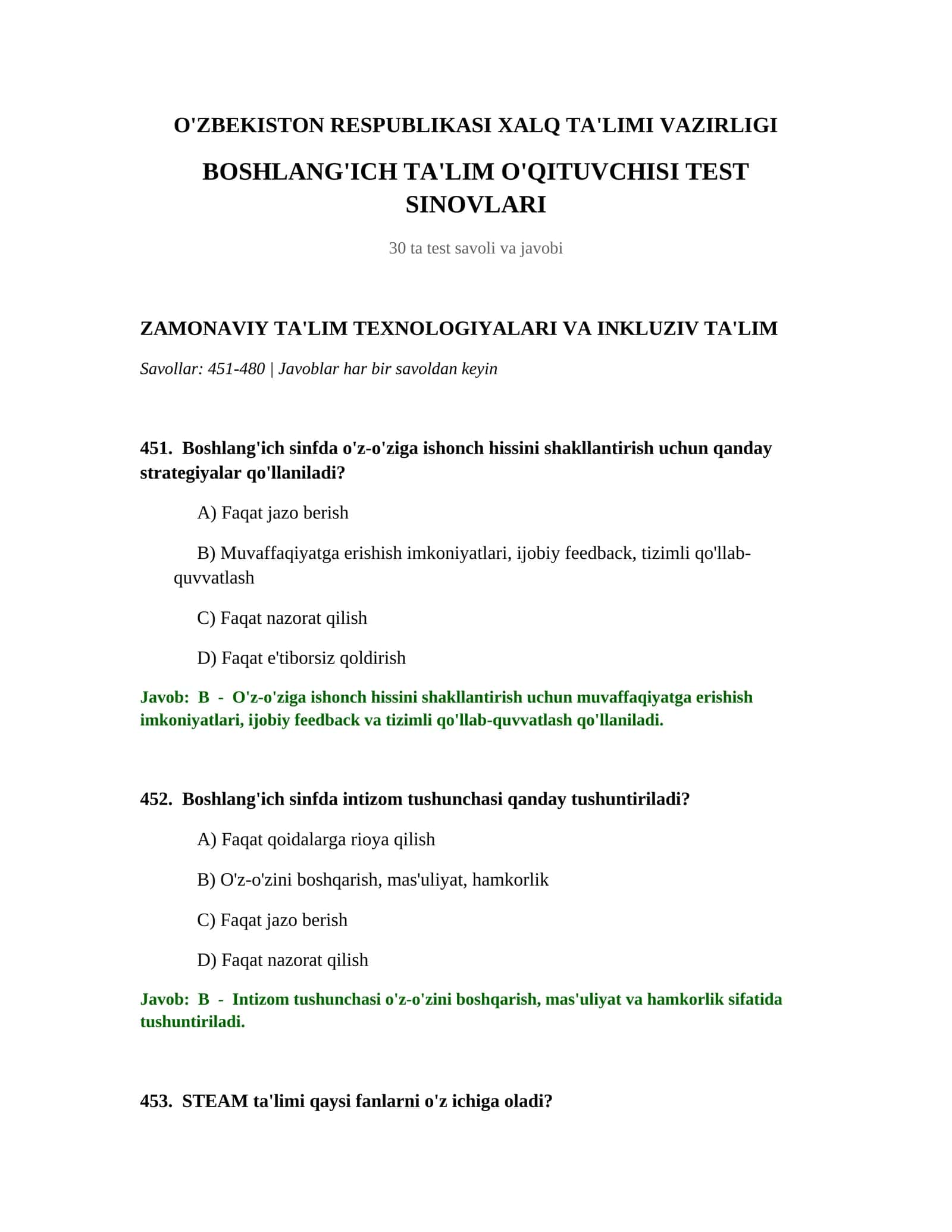 BOSHLANG'ICH TA'LIM O'QITUVCHISI TEST SINOVLARI 1