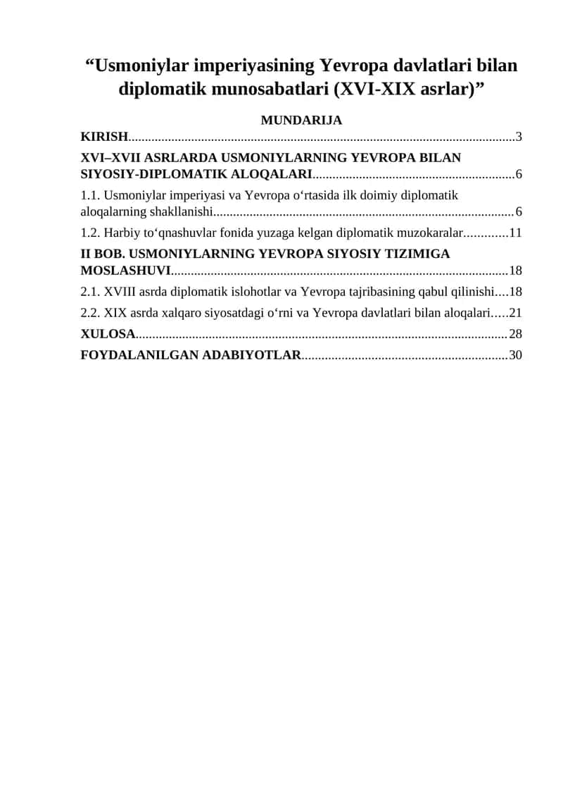 Usmoniylar imperiyasining Yevropa davlatlari bilan diplomatik munosabatlari (XVI-XIX asrlar) 1