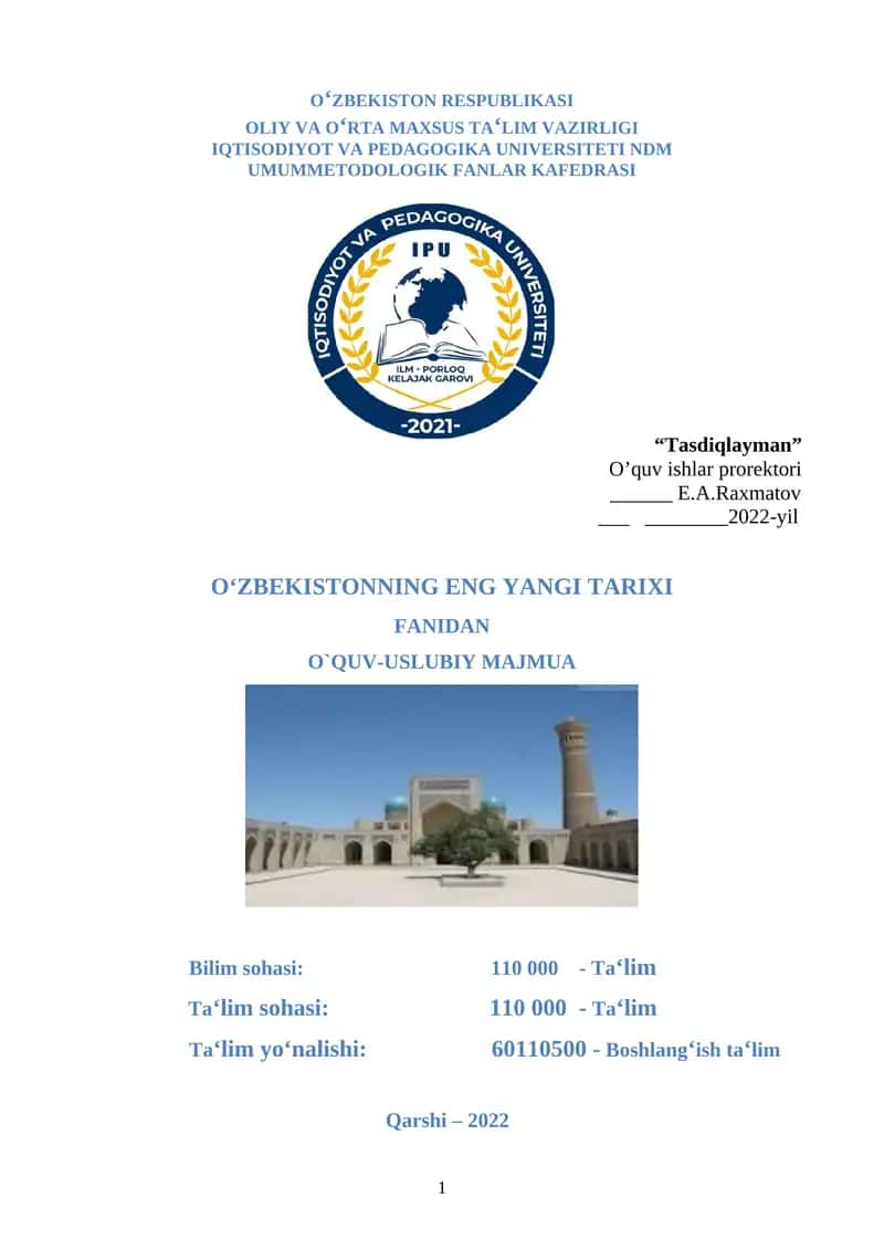 O‘zbekistonning ENG YANGI TARIXI FANI 1
