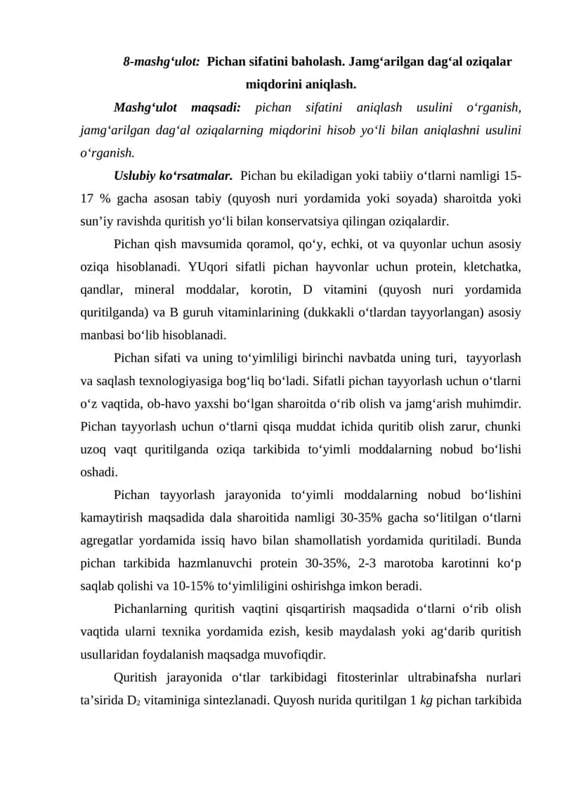 Pichan sifatini baholash 1