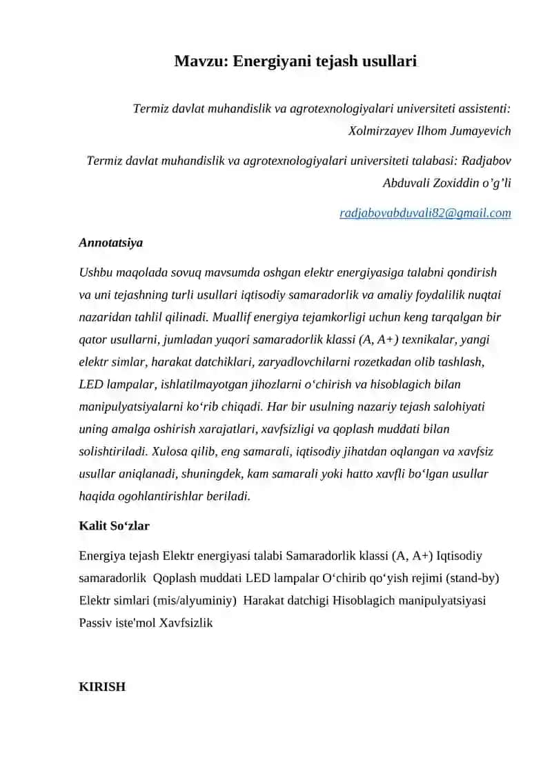 Energiyani tejash usullari