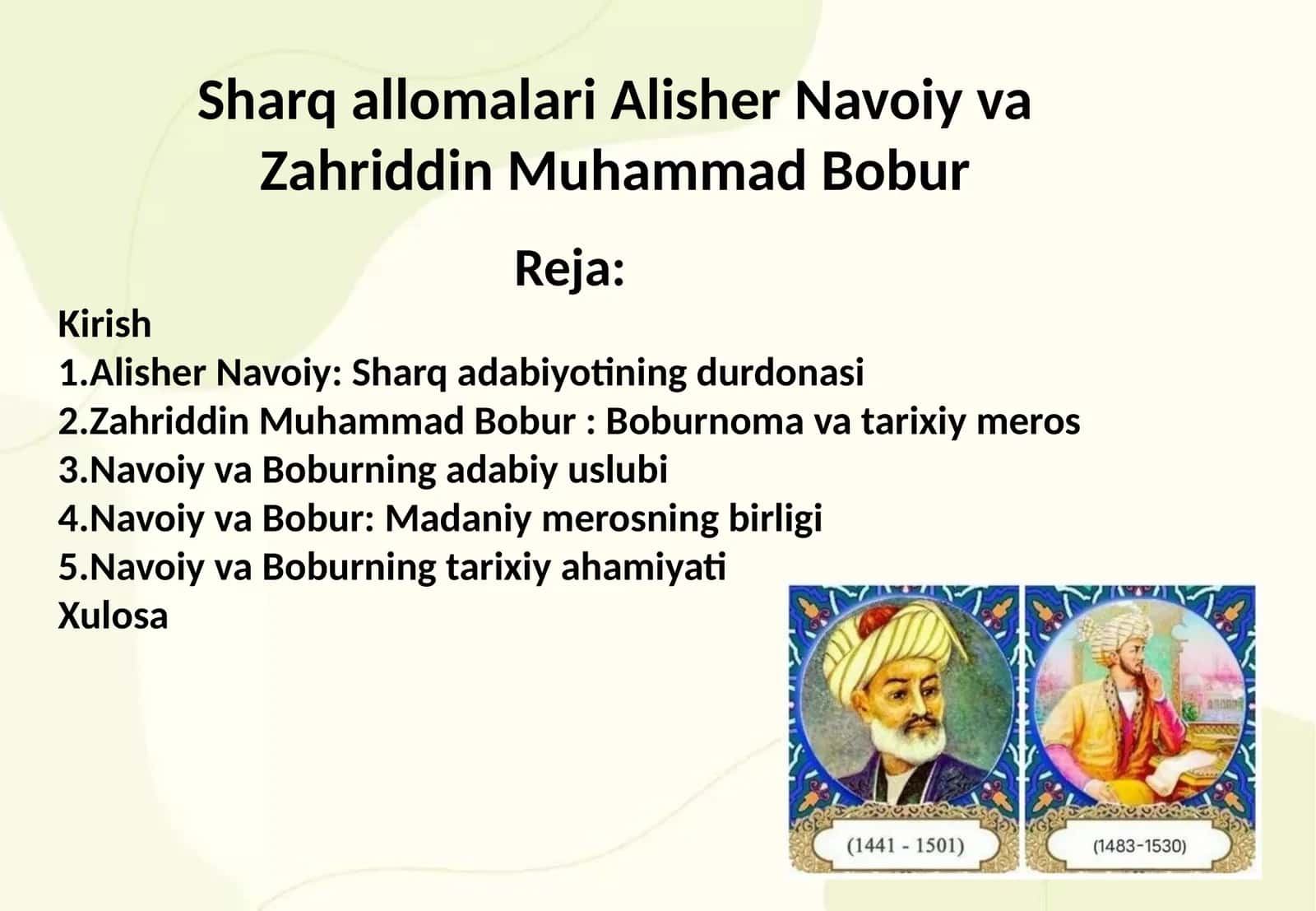 Sharq allomalari Alisher Navoiy va Zahriddin Muhammad Bobur 1