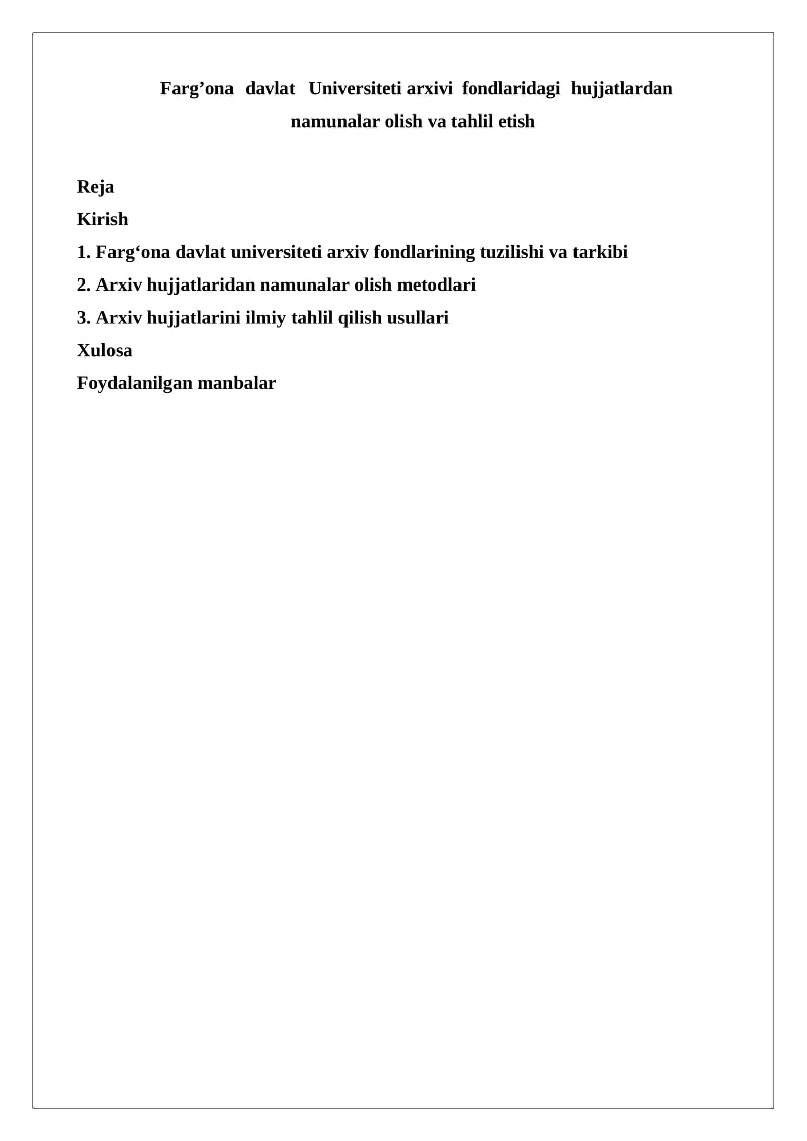 Farg’ona davlat Universiteti arxivi fondlaridagi hujjatlardan namunalar olish va tahlil 1