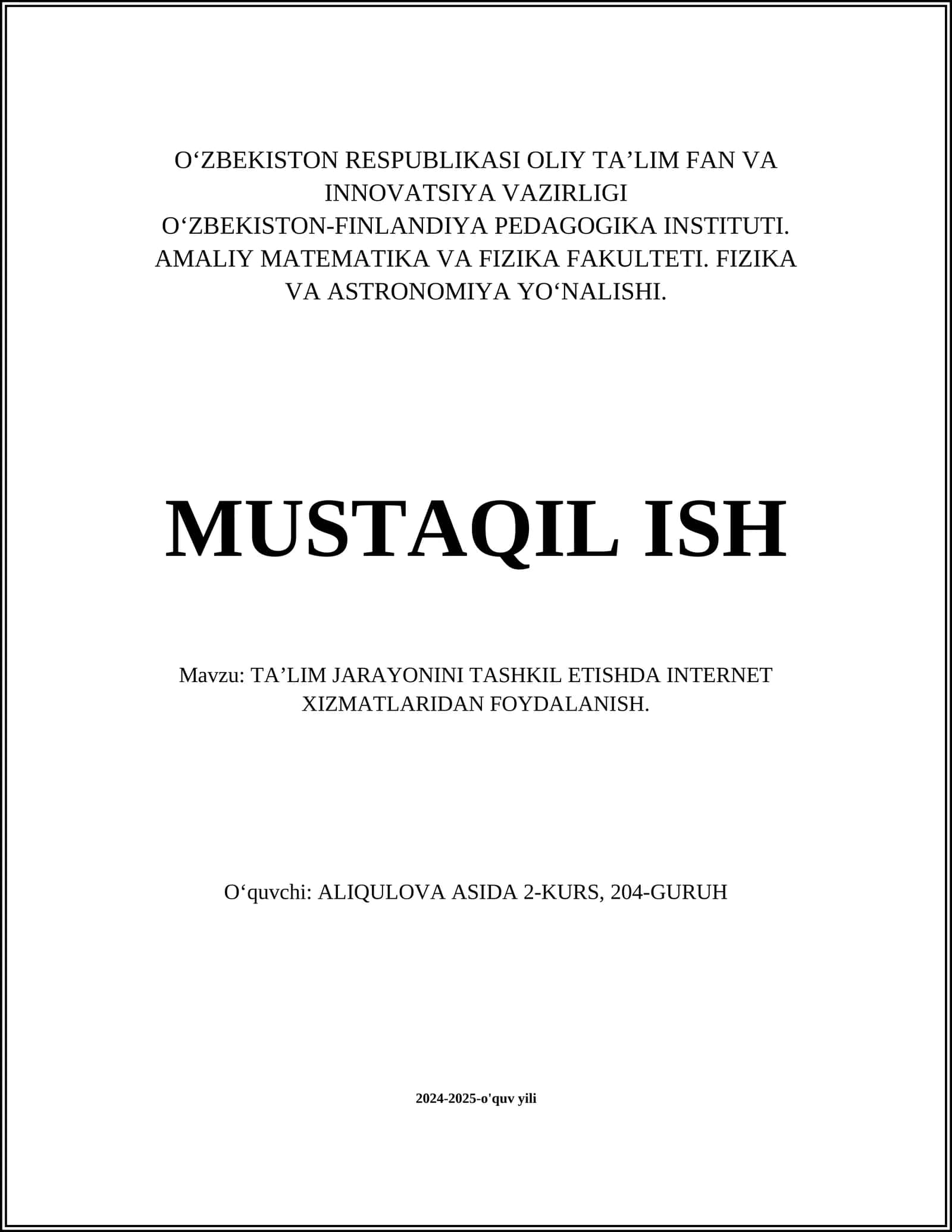 TAʼLIM JARAYONINI TASHKIL ETISHDA INTERNET XIZMATLARIDAN FOYDALANISH 1