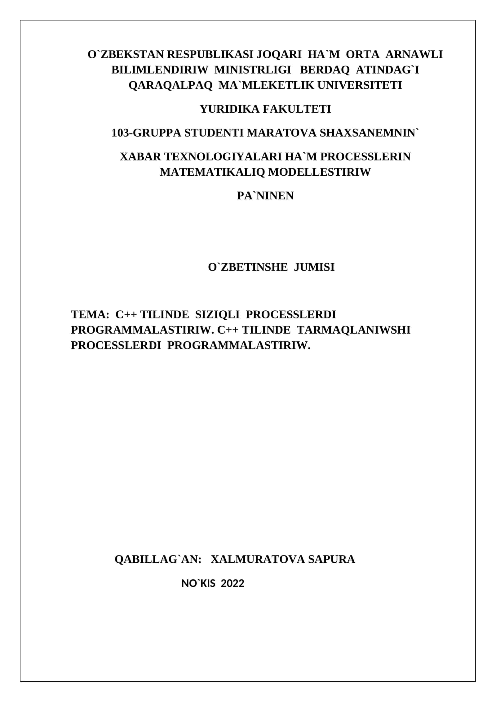 C++ TILINDE SIZIQLI PROCESSLERDI PROGRAMMALASTIRIW 1