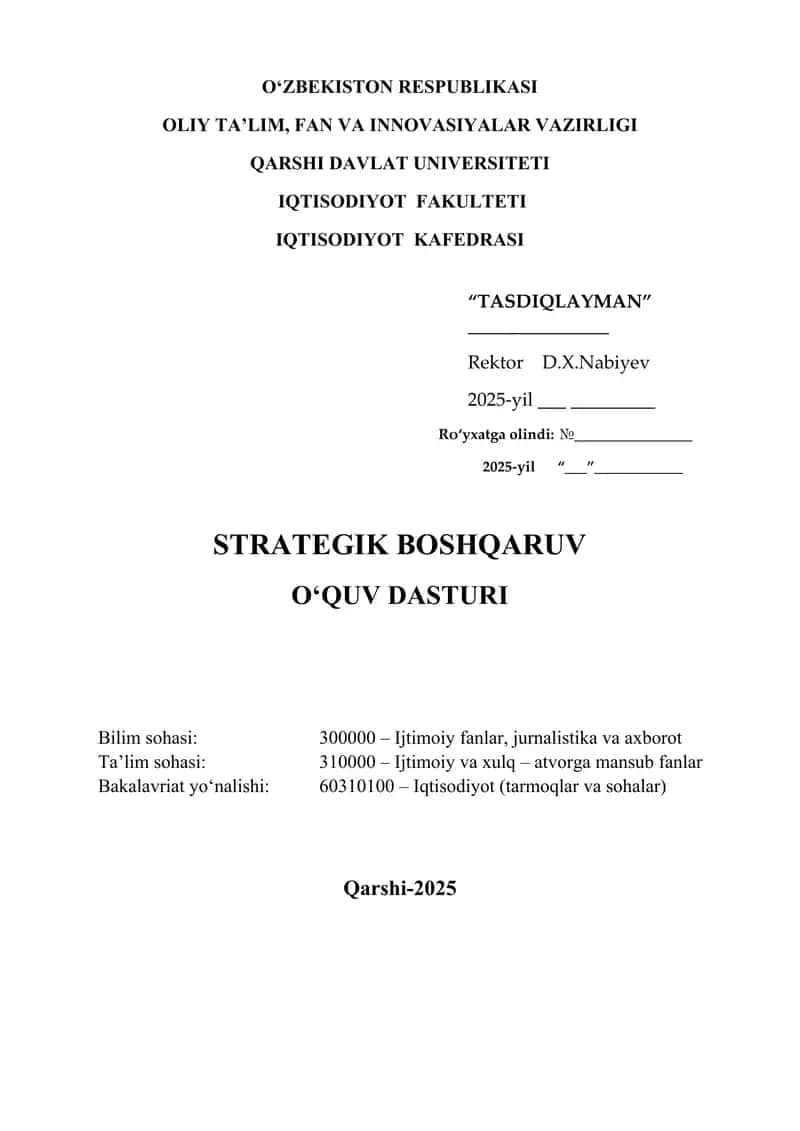 strategik boshqaruv fanidan Fan dasturi 1