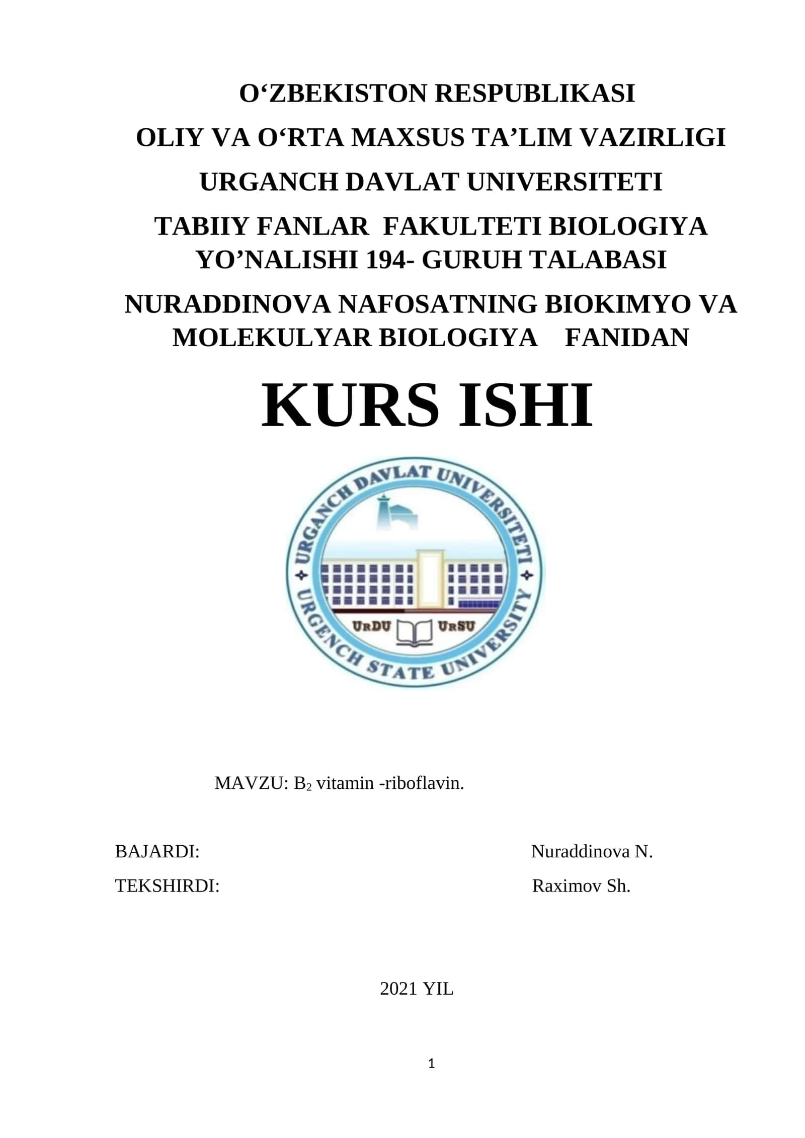 B2 vitamin -riboflavin Kurs ishi 1