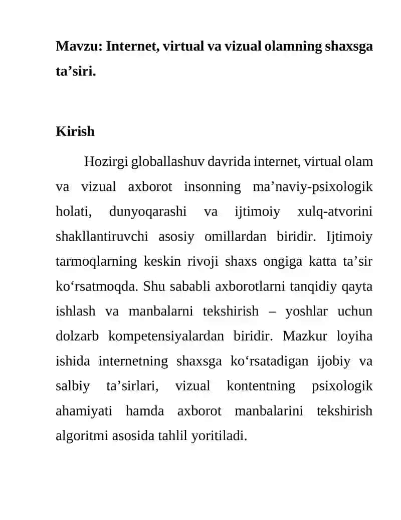 Media savodxonlik va axborot madaniyati fanidan mustaqil ta'lim 2