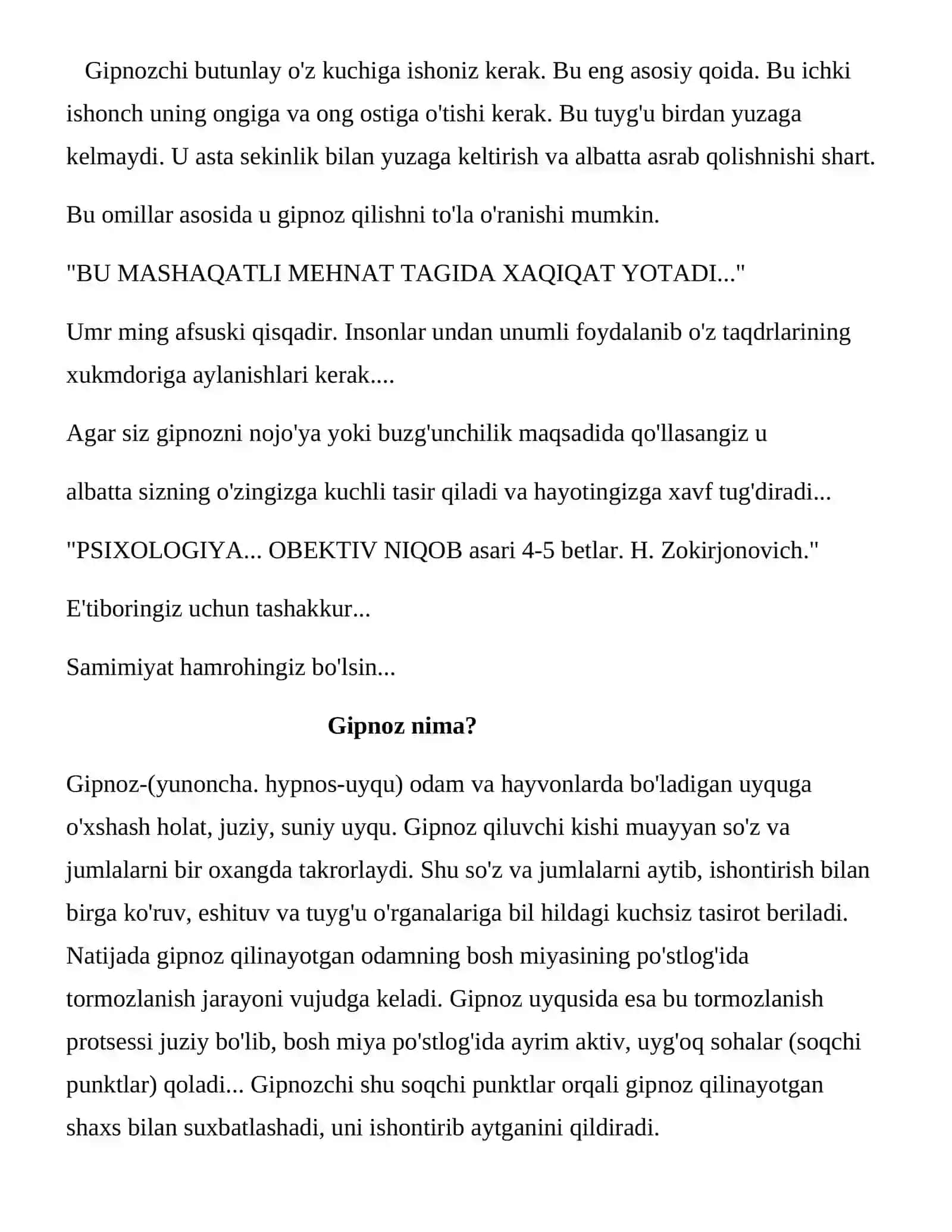 "GIPNOZ XAQIDA TUSHUNCHA... " 2