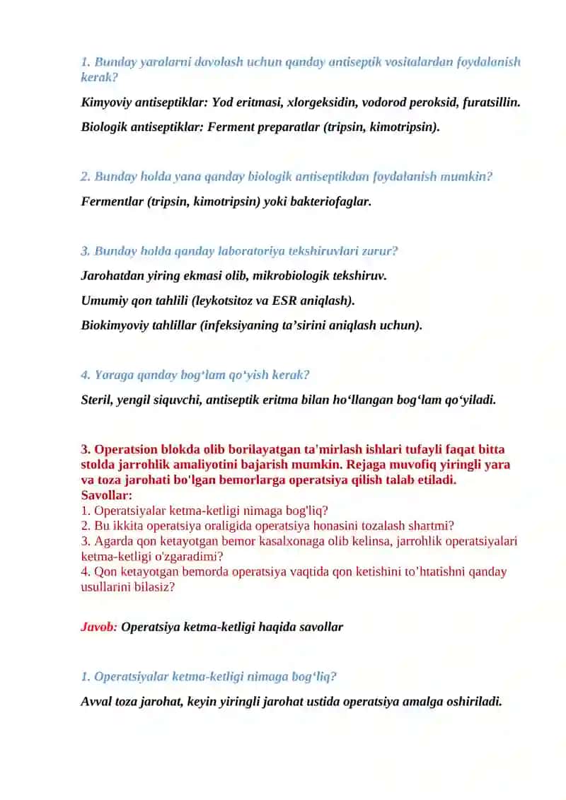 Yiringli jarohat va antiseptika haqida savollar 2