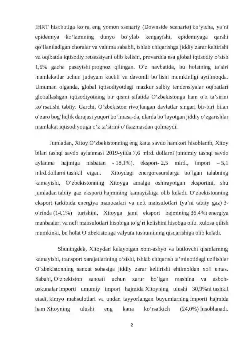 O'zbekiston Respublikasi iqtisodiyoti tashqari ishlarda oshib borishi 2