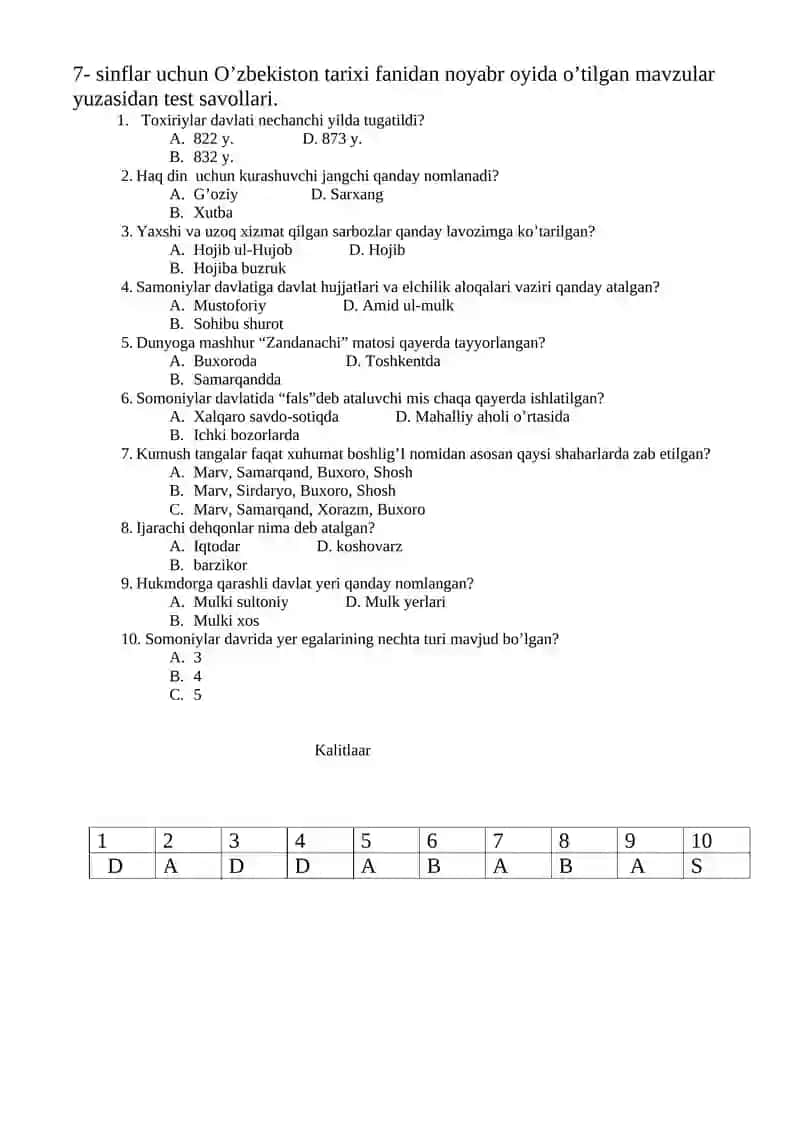 Jahon tarixi fanidan test savollari 2