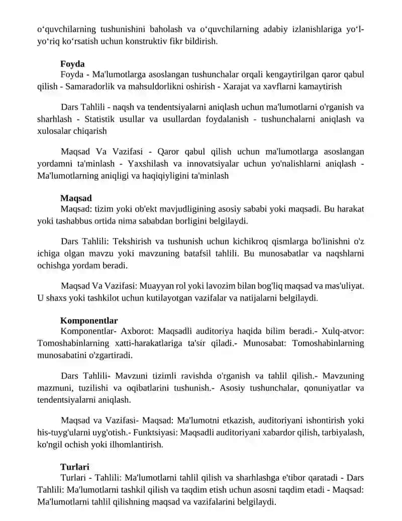 Dars Tahlili, Maqsad Va Vazifasi 2
