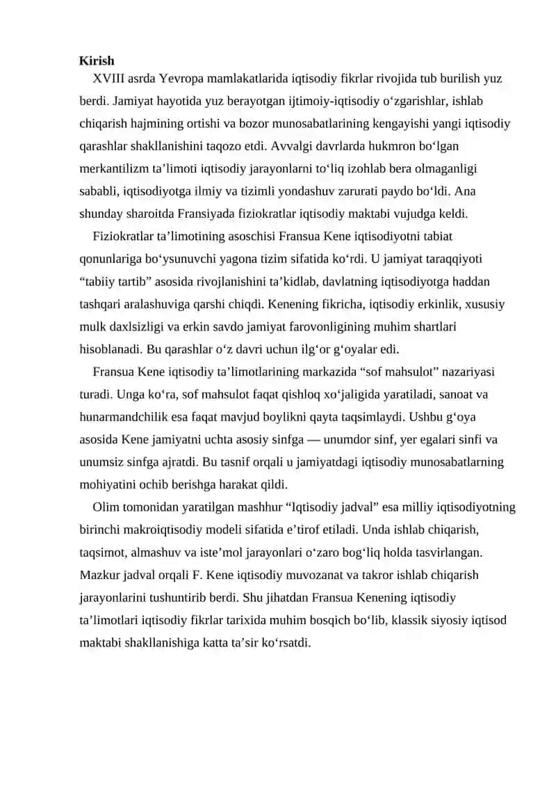 F. Kenening iqtisodiy ta’limotlari 2