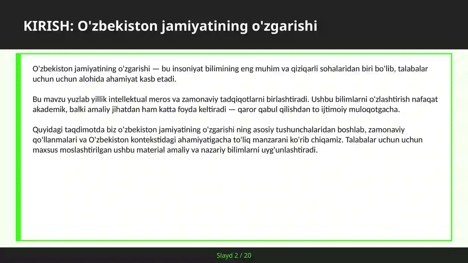 O'ZBEKISTON JAMIYATINING O'ZGARISHI 2