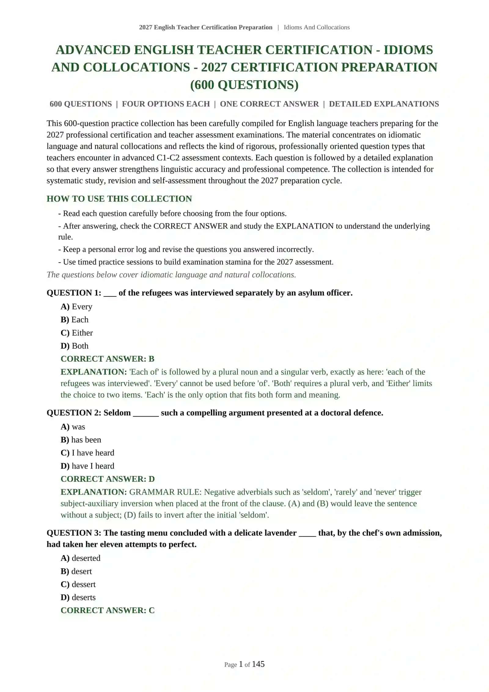 ADVANCED ENGLISH TEACHER CERTIFICATION - IDIOMS AND COLLOCATIONS - 2027 CERTIFICATION PREPARATION 2