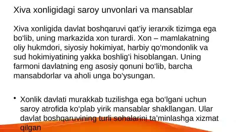 Xiva xonligidagi saroy unvonlari va mansablar 2