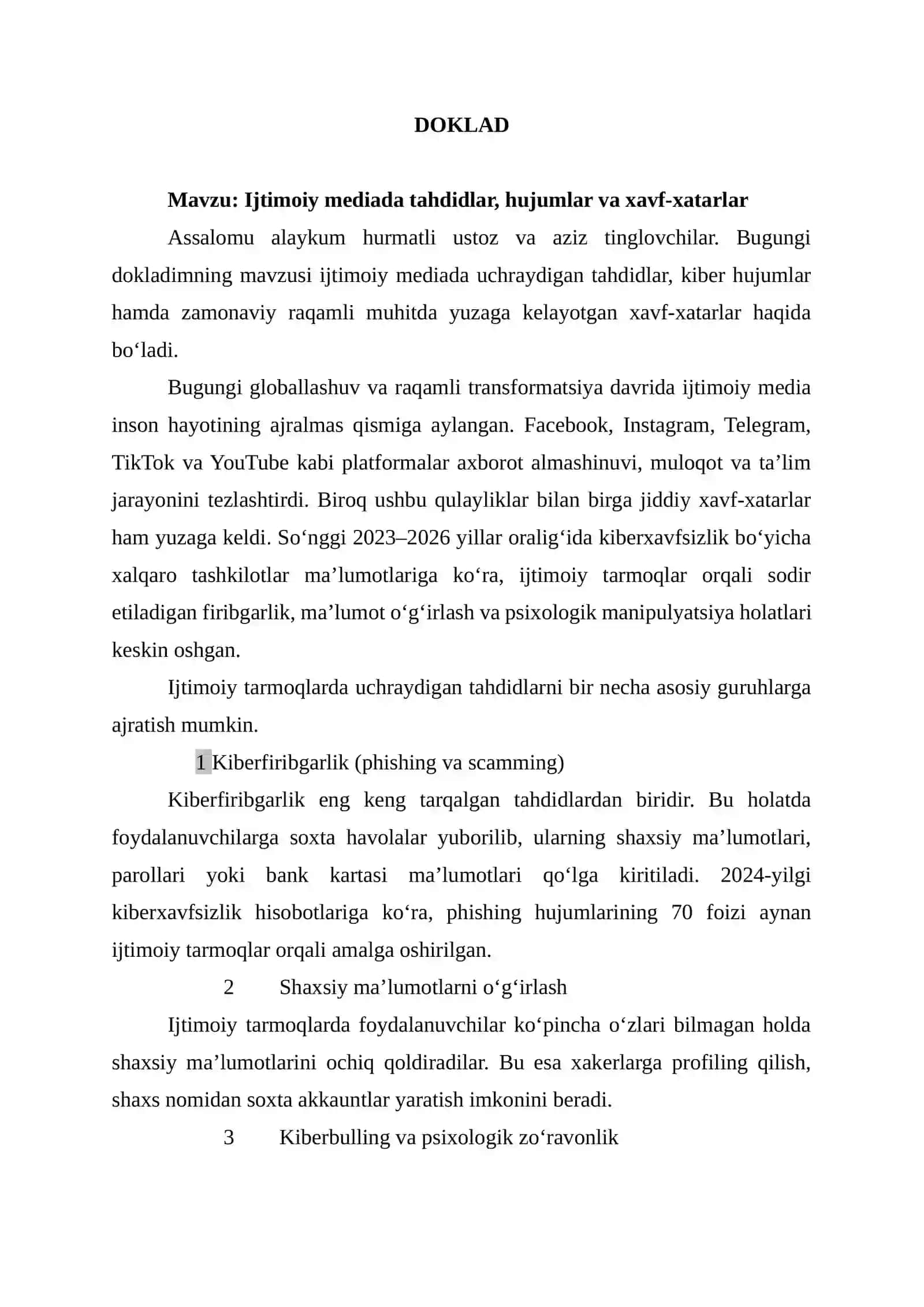Doklad: Ijtimoiy mediada tahdidlar, hujumlar va xavf-xatarlar 2
