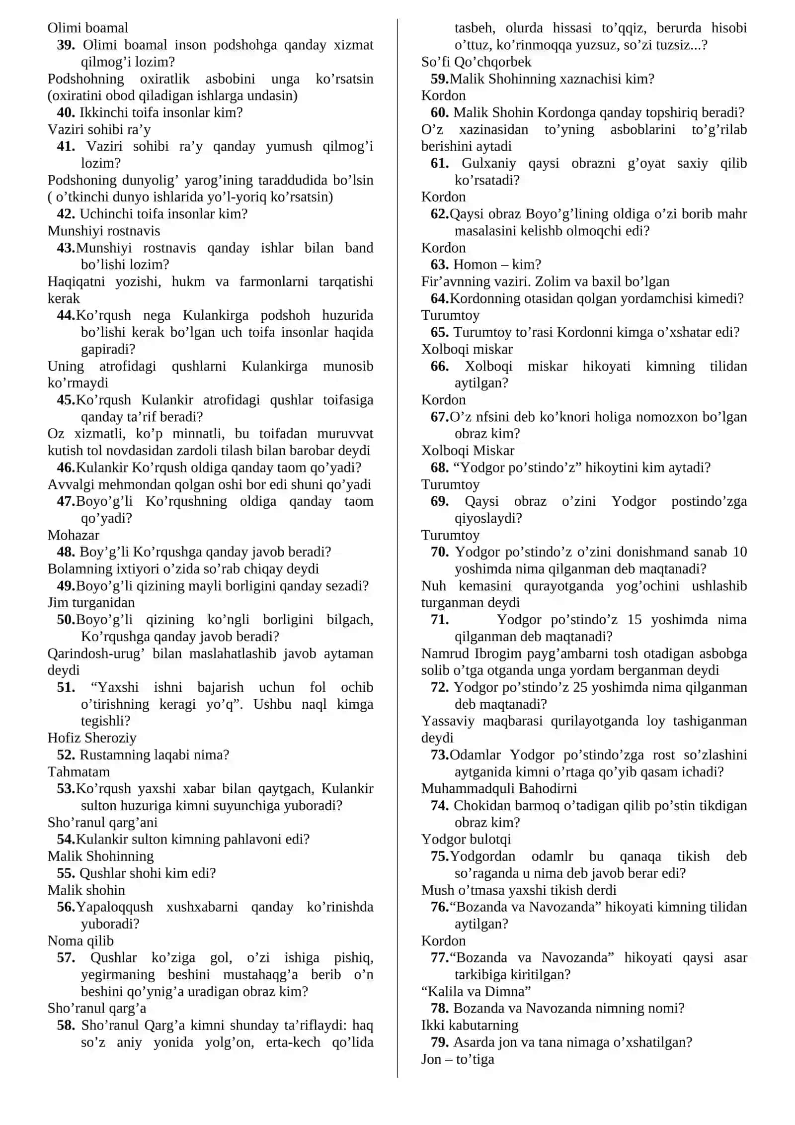 Gulxaniyning “ZARBULMASAL” asari bo‘yicha savol-javoblar 2