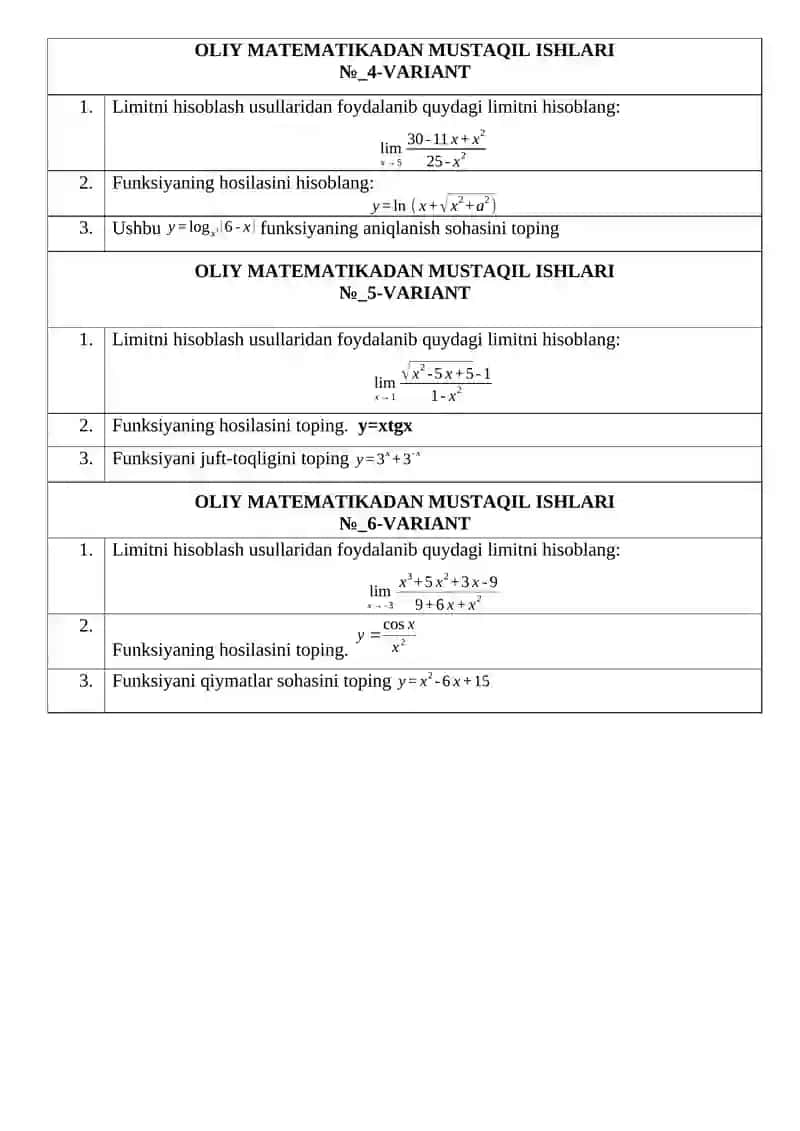 OLIY MATEMATIKADAN MUSTAQIL ISHLARI 2