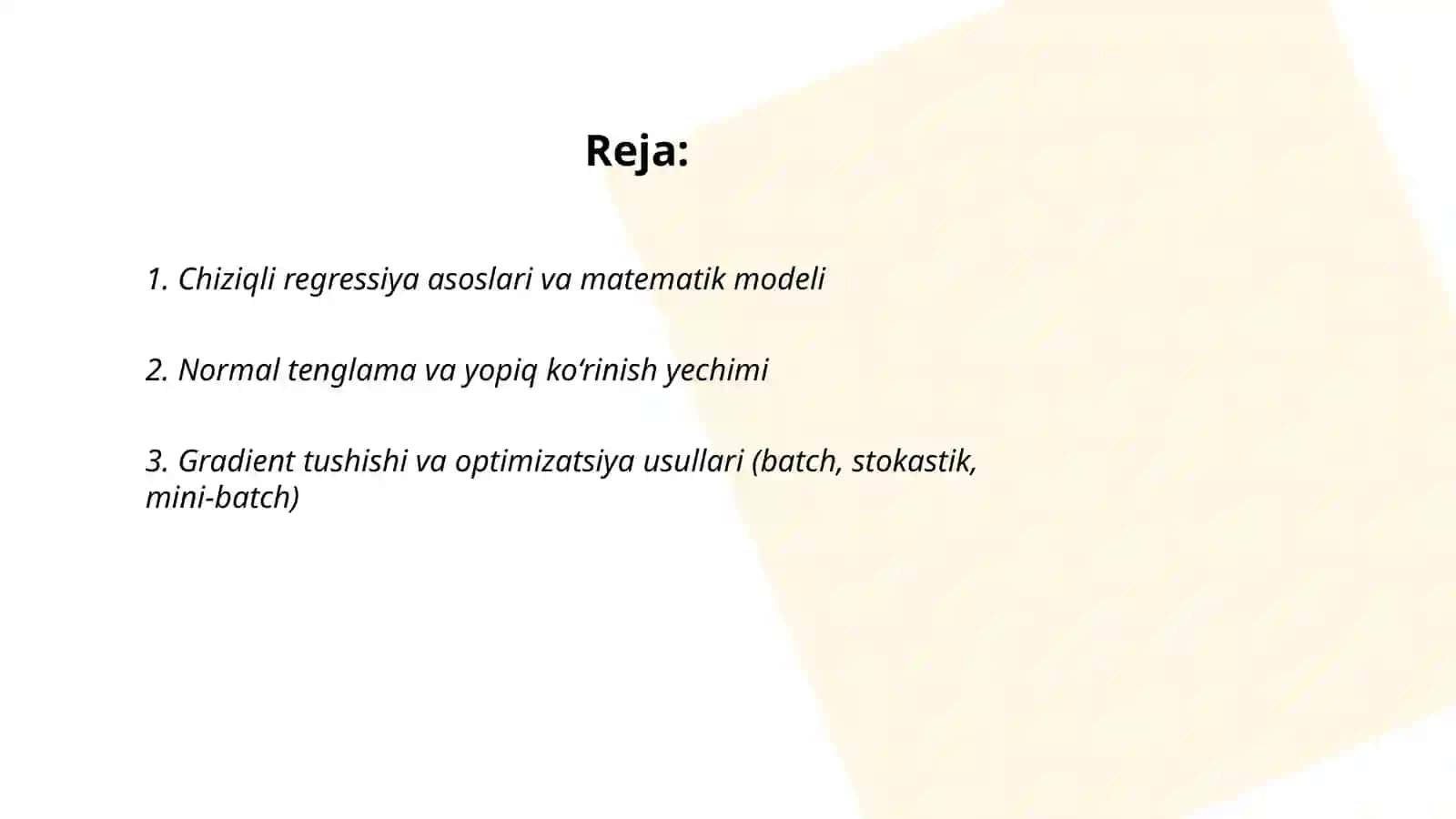 Mashinali o‘qitishning chiziqli regressiya usullari 2