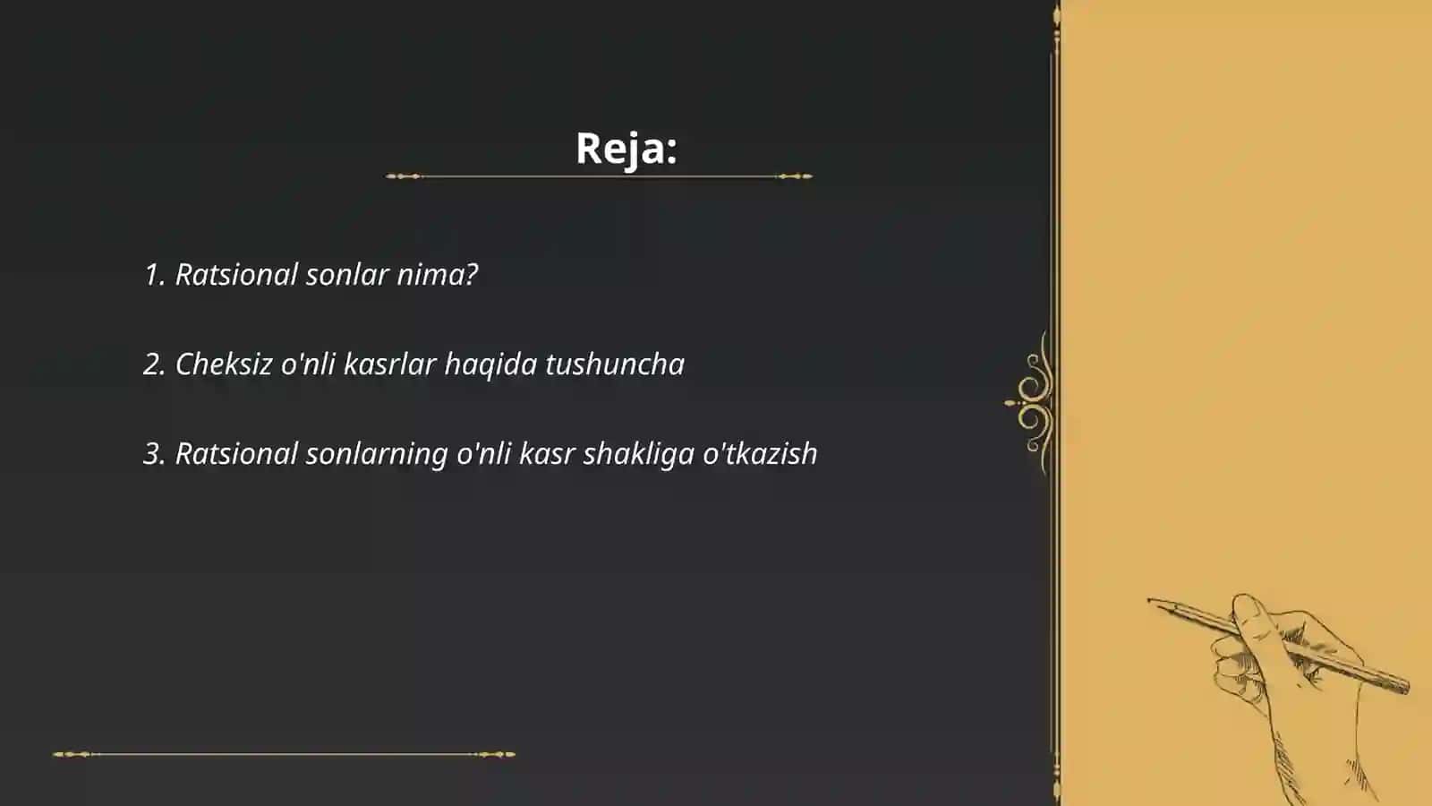 Ratsional sonlarni cheksiz o'nli kasr shaklida tasvirlash 2