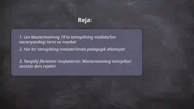 Len Mastermanning 18 ta tamoyili va uning mediata'limda tutgan oʻrni 2