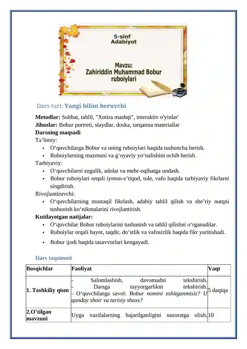5-sinf adabiyot Bobur ruboiylar ochiq dars 2