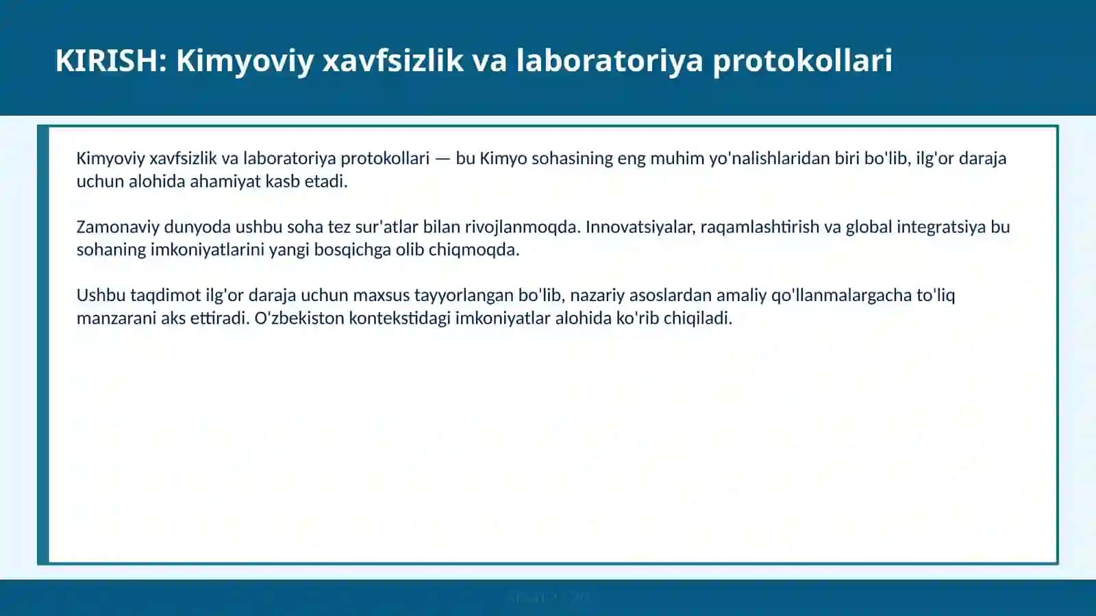 Kimyoviy xavfsizlik va laboratoriya protokollari 2