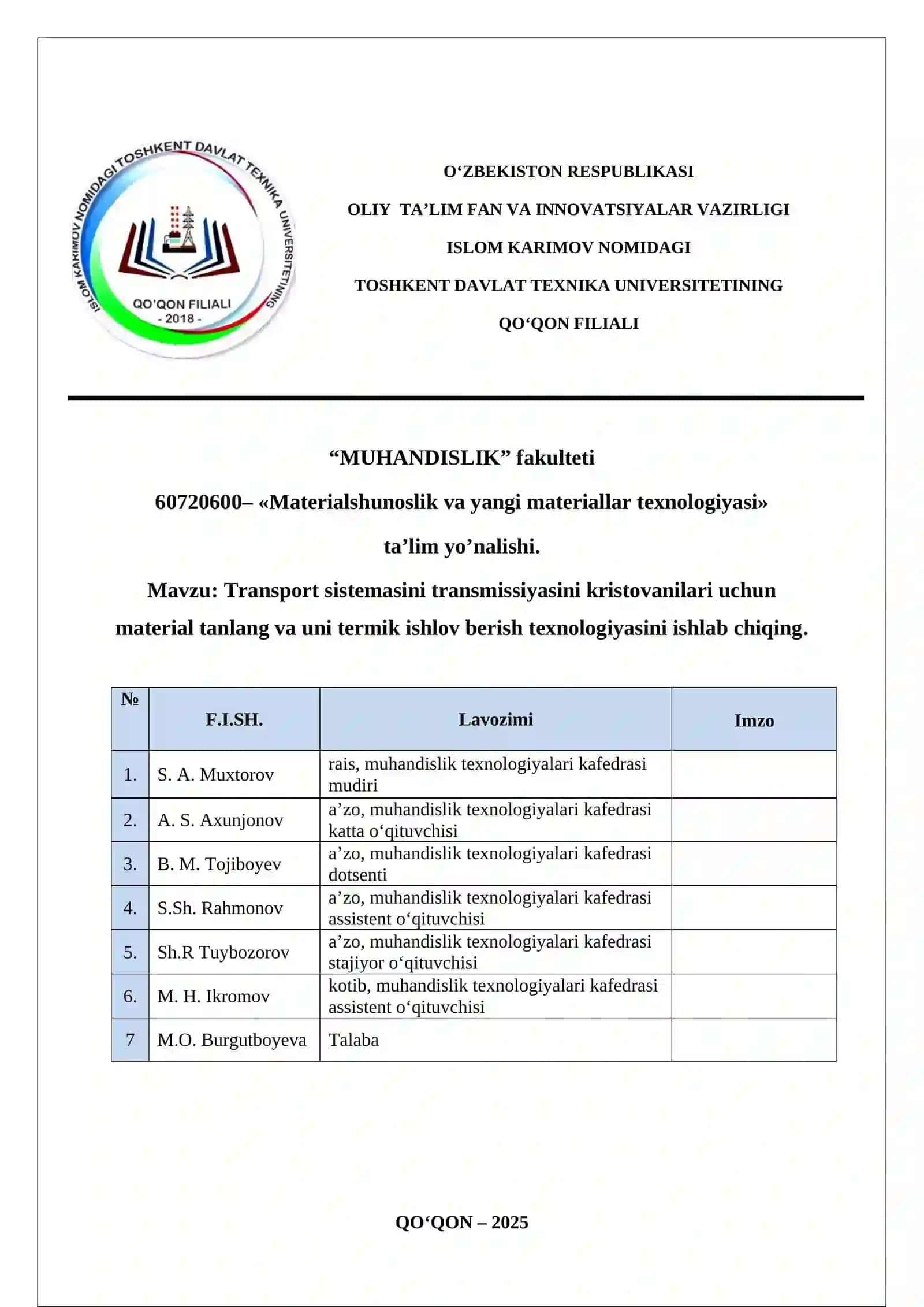 Transport sistemasini transmissiyasini kristovanilari uchun material tanlang va uni termik ishlov berish texnologiyasini ishlab chiqing 2