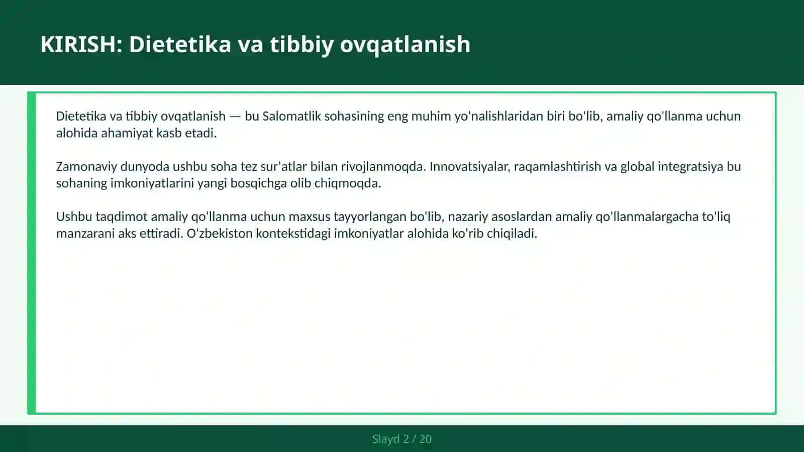 Dietetika va tibbiy ovqatlanish 2