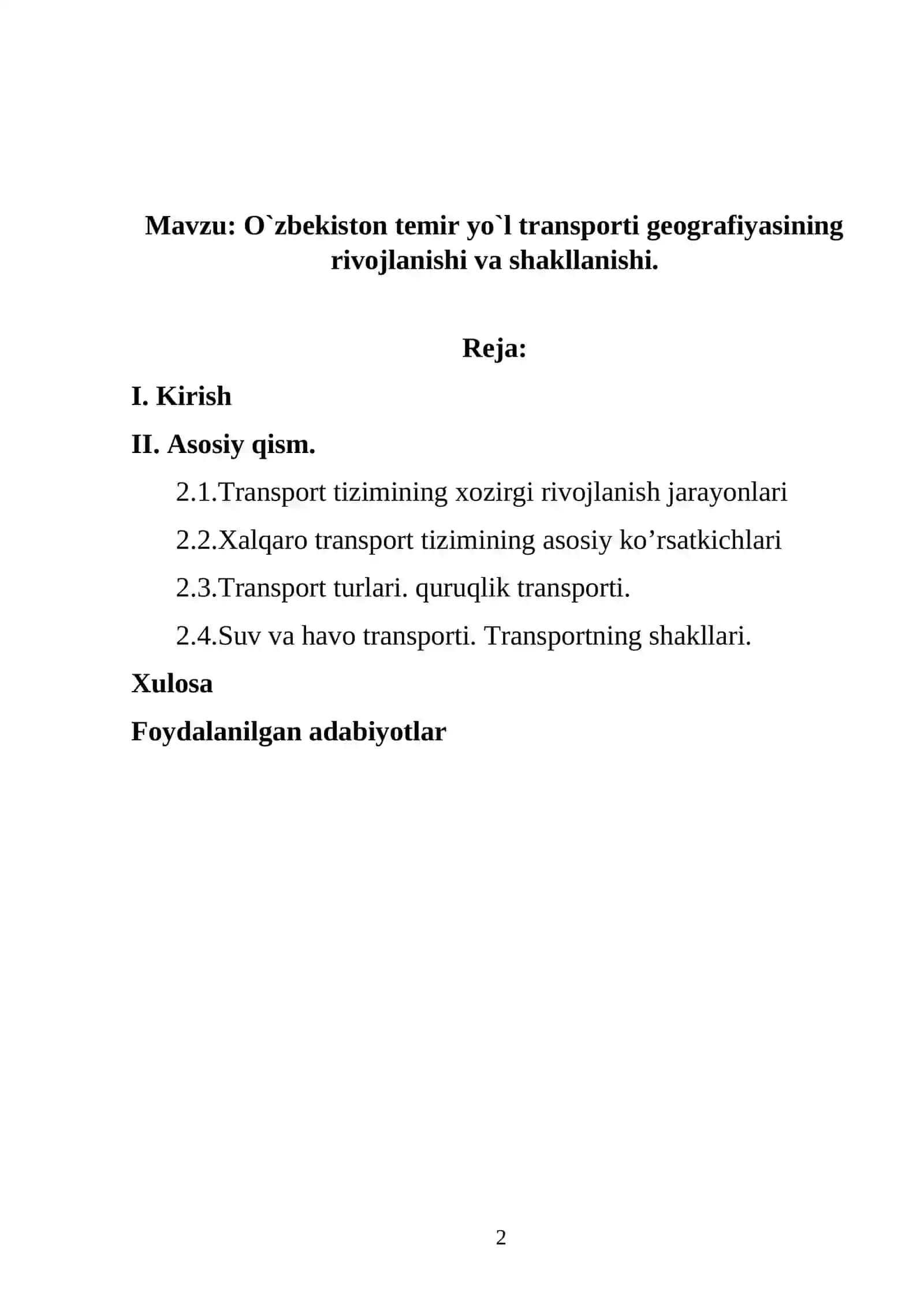 O`zbekiston temir yo`l transporti geografiyasining rivojlanishi va shakllanishi 2