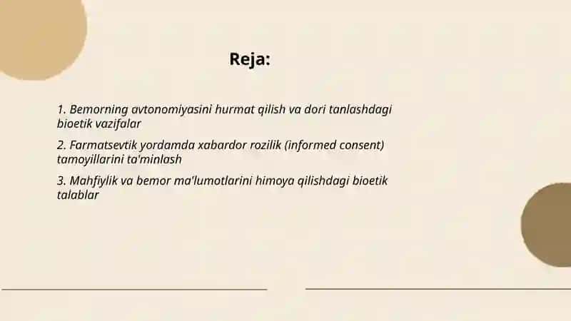Farmatsevtik yordam ko'rsatish jarayonida bioetikaning vazifalari 2