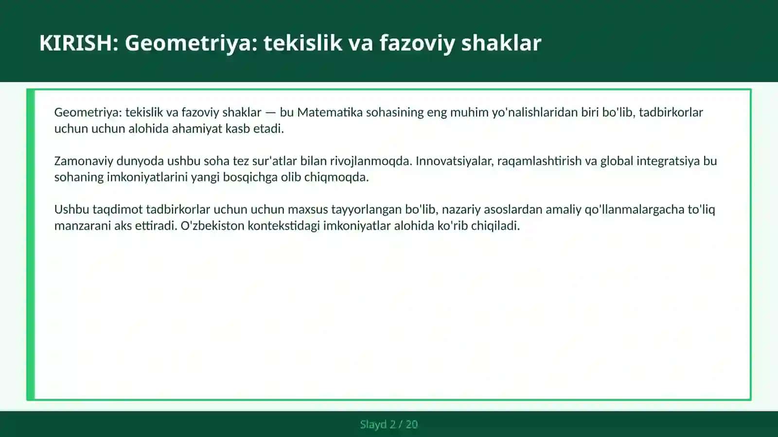 GEOMETRIYA: TEKISLIK VA FAZOVIY SHAKLAR 2