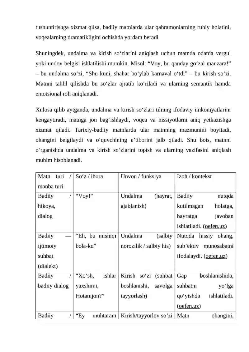 Undalma va kirish so‘zlar (Tarixiy-badiiy matnlardan misollar topish) 2