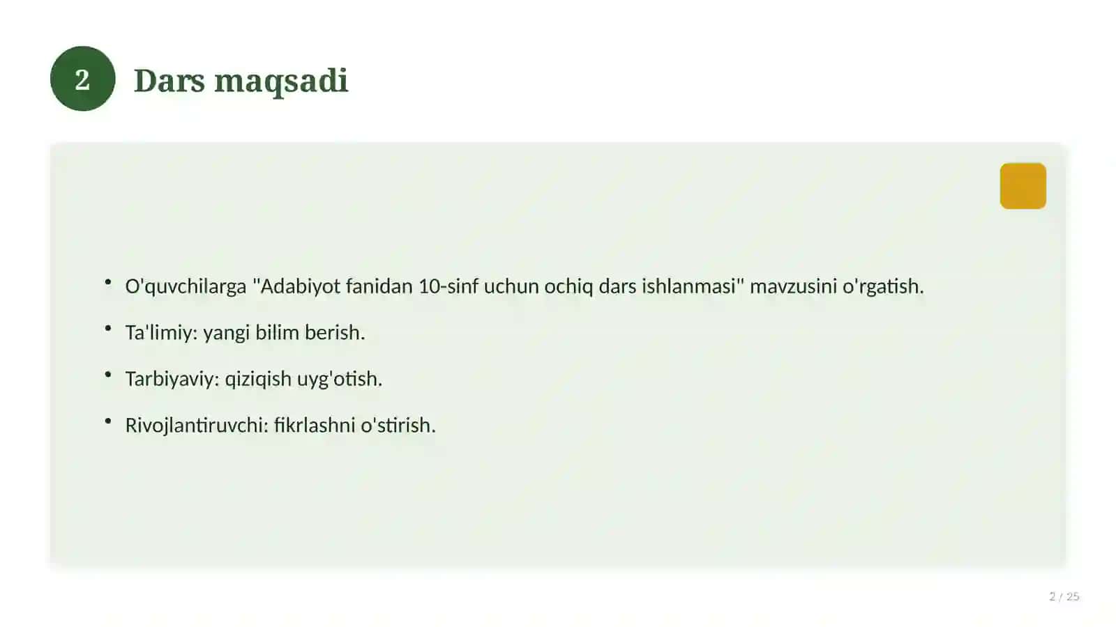 Adabiyot fanidan 10-sinf uchun ochiq dars ishlanmasi 2