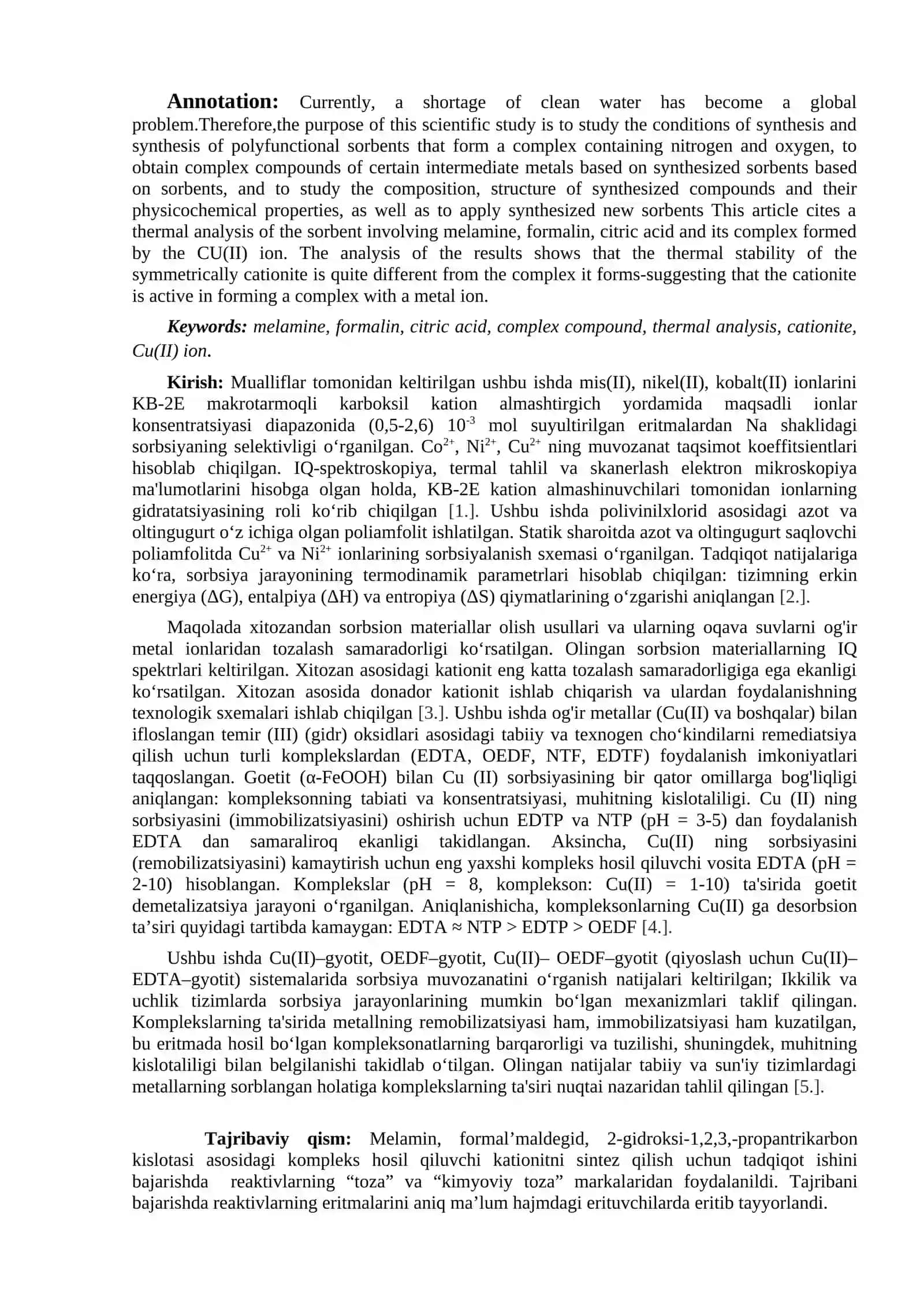 MELAMIN, FORMALIN HAMDA LIMON KISLOTASI ISHTIROKIDAGI KATIONIT VA UNING Cu(II) IONI BILAN HOSIL QILGAN KOMPLEKSINING TERMIK TAHLILI 2