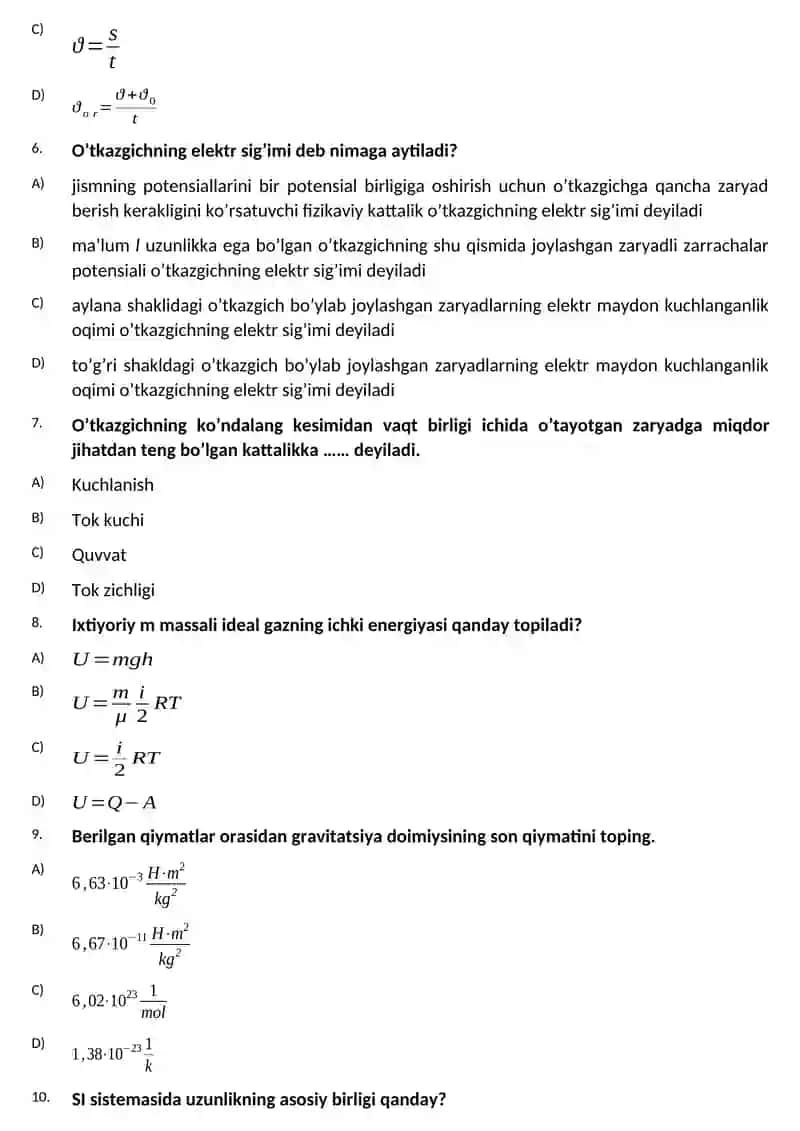 Buxoro muhandislik-texnologiya instituti KT fakulteti 1-kurs talabalari uchun Fizika fanidan yakuniy nazorat TEST SAVOLLARI 2