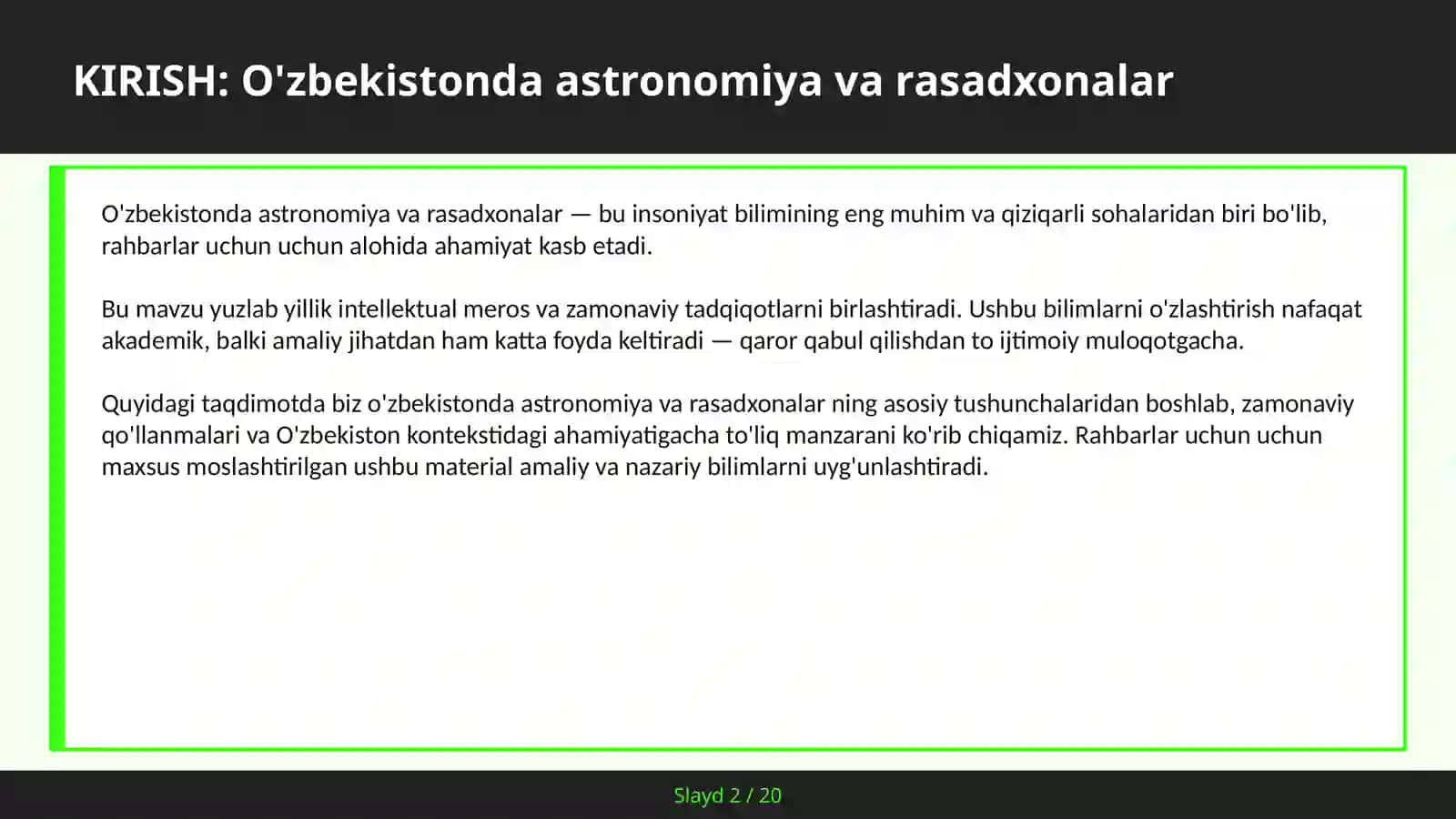 O'ZBEKISTONDA ASTRONOMIYA VA RASADXONALAR 2