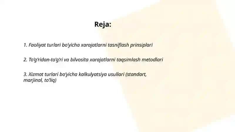 Xizmat ko’rsatish sohasida faoliyat turlari bo’yicha xarajatlarni hisobga olish 2