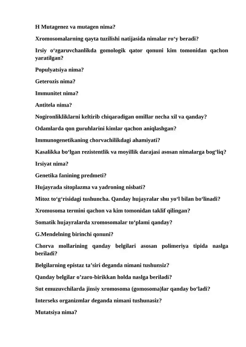Genetika fanidan test savollari 2