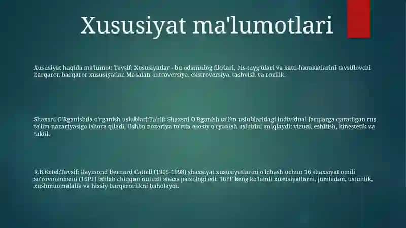 Shaxsni Oʻrganishdagi MaʼLumot Turlari.R.B Ketelt 2